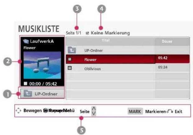 MUSIKLISTE Seite 1/1 Keine Markierung LaufwerkA Flower 00:00 / 05:42 UP-Ordner Titel Dauer UP-Ordner Flower 05:42 Oblivious 05:24 Bewegen Seite 1/1 Ropwemehü Seite MARK Markieren Exit