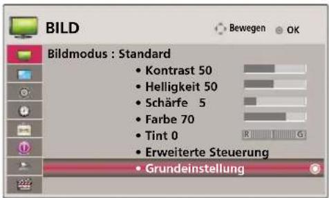 BILD Bildmodus : Standard • Kontrast 50 • Helligkeit 50 • Schärfe 5 • Farbe 70 • Tint 0 • Erweiterte Steuerung • Grundeinstellung