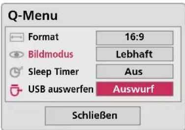 Q-Menu Format 16:9 Bildmodus Lebhaft Sleep Timer Aus USB auswerfen Auswurf Schließen