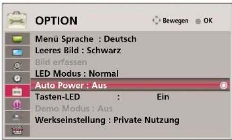 OPTION Menü Sprache : Deutsch Leeres Bild : Schwarz Bild erfassen LED Modus : Normal Auto Power : Aus Tasten-LED : Ein Demo Modus : Aus Werkseinstellung : Private Nutzung