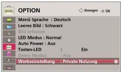 OPTION Menü Sprache : Deutsch Leeres Bild : Schwarz Bild erfassen LED Modus : Normal Auto Power : Aus Tasten-LED : Ein Demo Modus : Aus Werkseinstellung : Private Nutzung