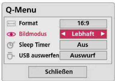 Q-Menu Format 16:9 Bildmodus Lebhaft Sleep Timer Aus USB auswerfen Auswurf Schließen