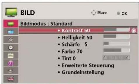 BILD Bildmodus : Standard • Kontrast 50 • Helligkeit 50 • Schärfe 5 • Farbe 70 • Tint 0 • Erweiterte Steuerung • Grundeinstellung