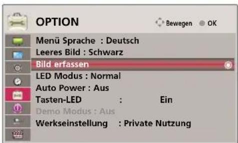 OPTION Menü Sprache : Deutsch Leeres Bild : Schwarz Bild erfassen LED Modus : Normal Auto Power : Aus Tasten-LED : Ein Demo Modus : Aus Werkseinstellung : Private Nutzung