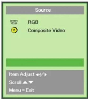 Source RGB Composite Video Item Adjust ↩/ Scroll ▲▼ Menu = Exit