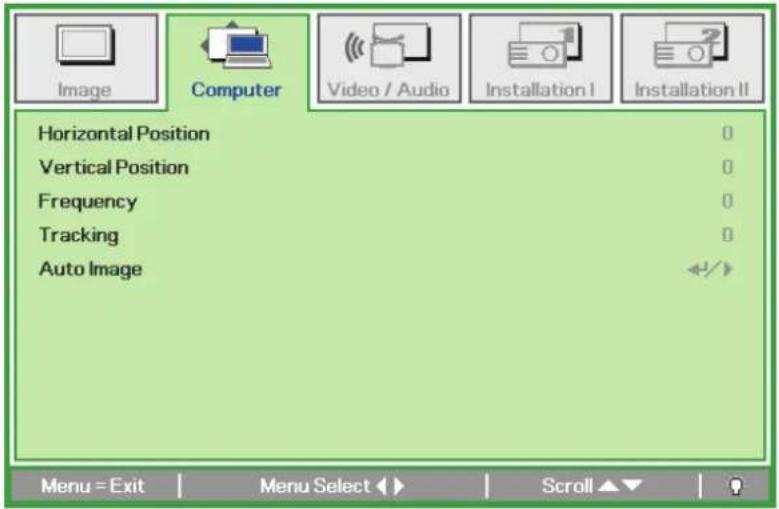 Image Computer Video / Audio Installation I Installation II Horizontal Position 0 Vertical Position 0 Frequency 0 Tracking 0 Auto Image Menu = Exit Menu Select ▶▶ Scroll ▲▼