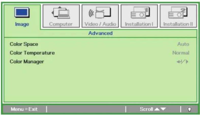 Image Computer Video / Audio Installation I Installation II Advanced Color Space Auto Color Temperature Normal Color Manager Menu = Exit Scroll ▲▼