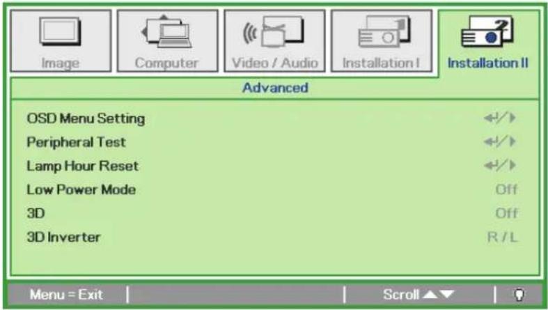 Advanced OSD Menu Setting Peripheral Test Lamp Hour Reset Low Power Mode 3D 3D Inverter Off Off R / L Menu = Exit | Scroll ▲▼ | ?