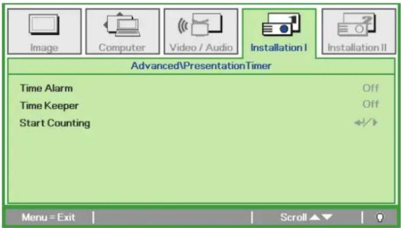 Image Computer Video / Audio Installation I Installation II Advanced\PresentationTimer Time Alarm Off Time Keeper Off Start Counting Menu = Exit Scroll ▲▼