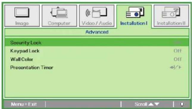Image Computer Video / Audio Installation I Installation II Advanced Security Lock Keypad Lock Off Wall Color Off Precontation Timor Menu = Exit Scroll ▲▼