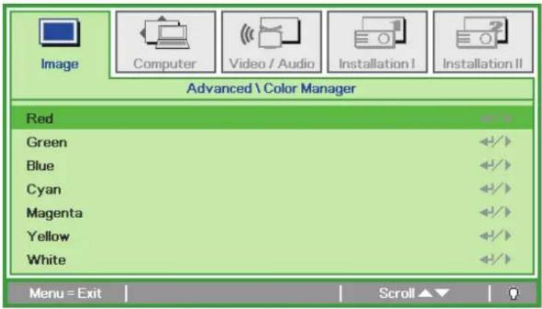 Image Computer Video / Audio Installation I Installation II Advanced \ Color Manager Red Green Blue Cyan Magenta Yellow White Menu = Exit Scroll ▲▼
