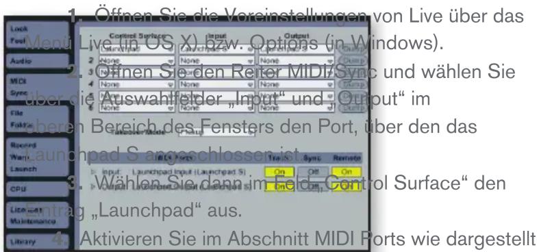 1. Öffnen Sie die Voreinstellungen von Live über das Menu Live (in OS X) bzw. Options (in Windows). 2. Öffnen Sie den Reiter MIDI Sync und wählen Sie über die Auswahfelder, Input" und Output" im otheren Bereich des Fensters den Port, über den das Launchpad S angeschlossen ist. 3. Wählen Sie dann im…