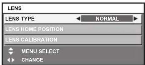LENS LENS TYPE NORMAL LENS HOME POSITION LENS CALIBRATION MENU SELECT CHANGE