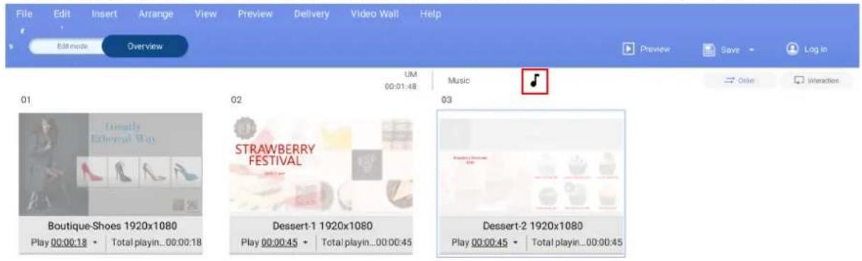 File Edit Insert Arrange View Preview Delivery Video Wall Help Edit mode Overview Preview Save Log In UM 00:01:48 Music Order Interaction 01 Greatly Exponential Way Boutique-Shoes 1920x1080 Play 00:00:18 • Total playin...00:00:18 02 STRAWBERRY FESTIVAL Dessert-1 1920x1080 Play 00:00:45 • Total playin...00:00:45 03 Dessert-2 1920x1080 Play 00:00:45 • Total playin...00:00:45