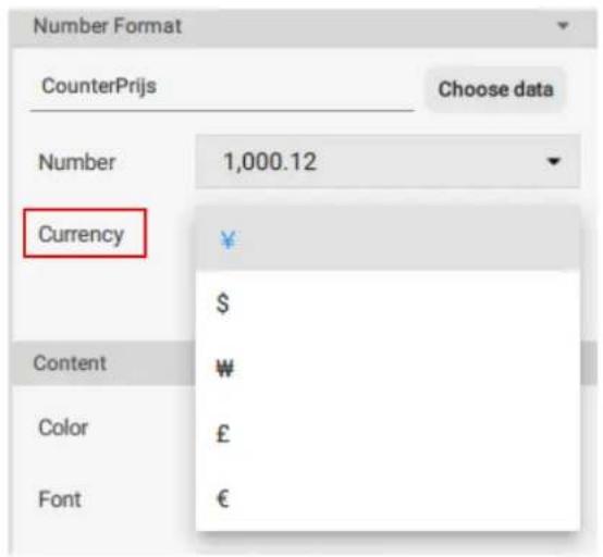 Number Format CounterPrijs Choose data Number 1,000.12 Currency ¥ $ ¥ Content Color £ Font €