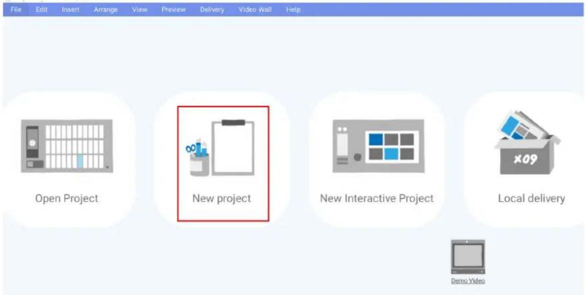 File Edit Insert Arrange View Preview Delivery Video Wall Help Open Project New project New Interactive Project Local delivery Demo Video