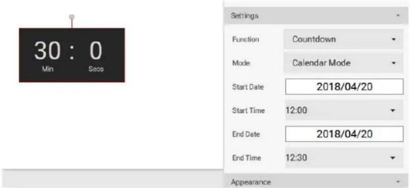30 : 0 Min Socs Settings Function Countdown Mode Calendar Mode Start Date 2018/04/20 Start Time 12:00 End Date 2018/04/20 End Time 12:30 Appearance