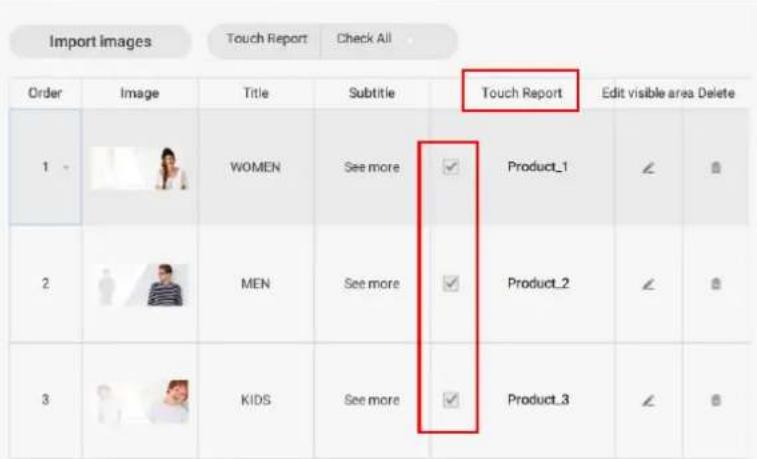 Import images Touch Report Check All Order Image Title Subtitle Touch Report Edit visible area Delete 1 WOMEN See more Product_1 2 MEN See more Product_2 3 KIDS See more Product_3