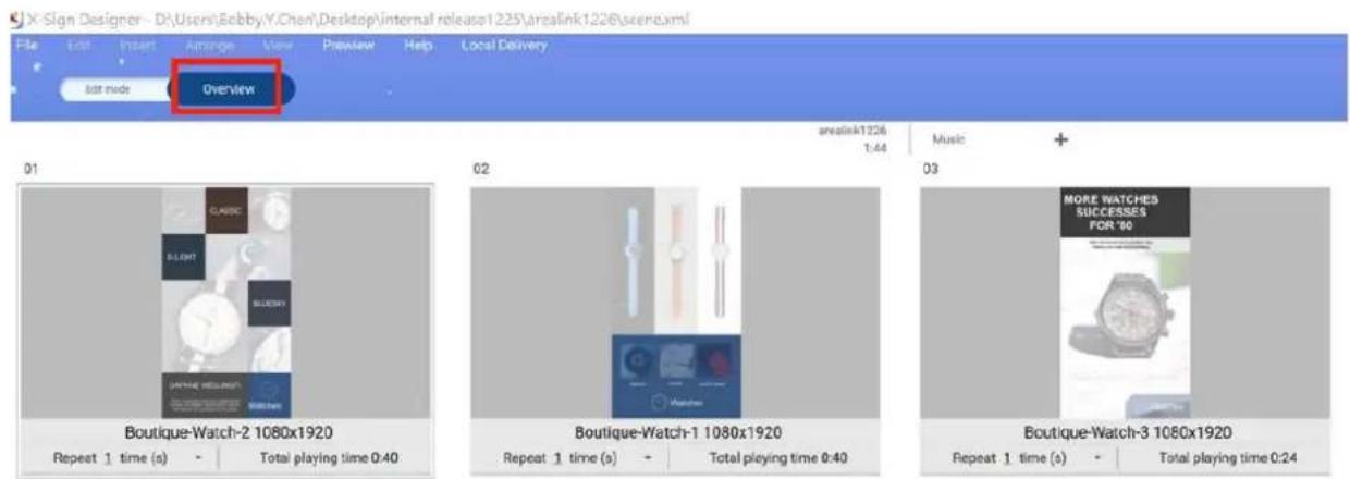 X-Sign Designer - D:\Users\Betby.Y.Chen\Desktop\internal release1225\arealink1226\scene.xml File Edit Insert Arrange View Preview Help Local Delivery Add mode Overview arealink1226 1:44 Music + 01 BOUTIQUE-Watch-2 1080x1920 Repeat 1 time (s) Total playing time 0:40 02 BOUTIQUE-Watch-1 1080x1920 Repeat 1 time (s) Total playing time 0:40 03 MORE WATCHES SUCCESSIONS FOR '30" BOUTIQUE-Watch-3 1080x1920 Repeat 1 time (s) Total playing time 0:24