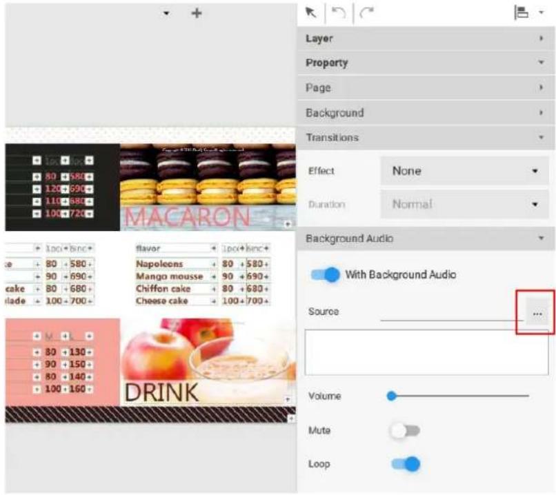 MACARON Layer Property Page Background Transitions Effect None Duration Normal Background Audio With Background Audio Source ... DRINK Volume Mute Loop