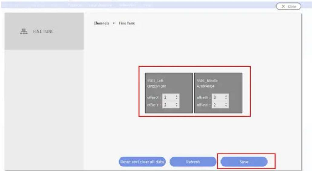 Channel > Fine Tune 5501_Left QPBBPFBM offsetX : 3 : offsetY : 2 : 5501_Middle 4/WP4H64 offsetX : 3 : offsetY : 2 : Reset and clear all data Refresh Save