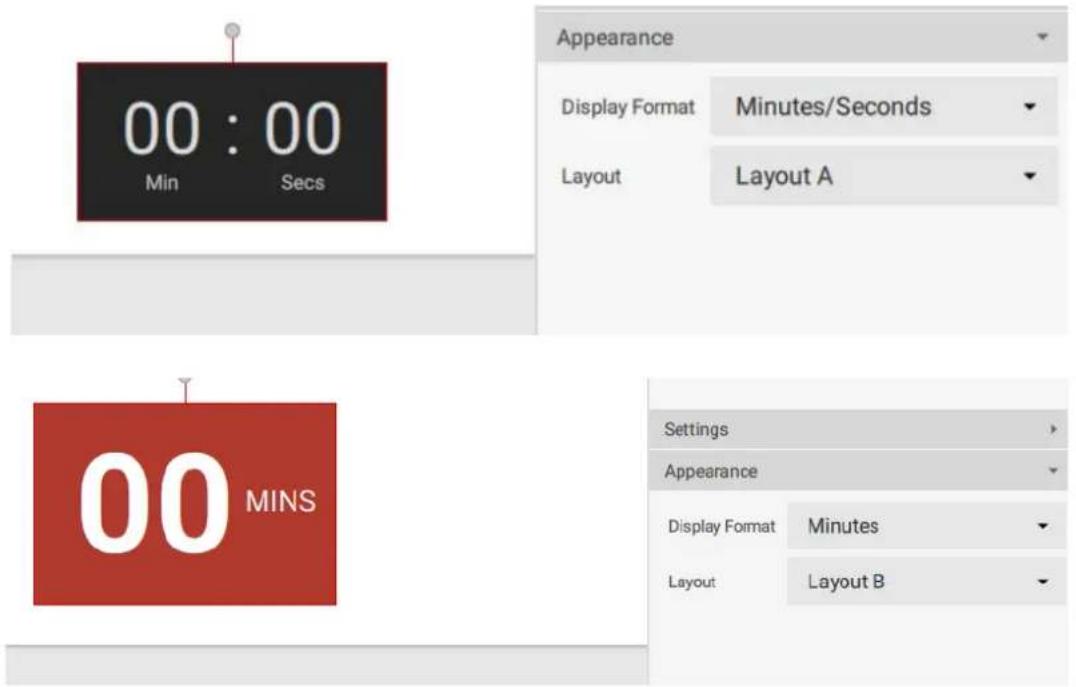 00:00 Min Secs Appearance Display Format Minutes/Seconds Layout Layout A 00 MINS Settings Appearance Display Format Minutes Layout Layout B