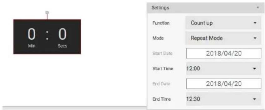 0 : 0 Min Secs Settings Function Count up Mode Repeat Mode Start Date 2018/04/20 Start Time 12:00 End Date 2018/04/20 End Time 12:30