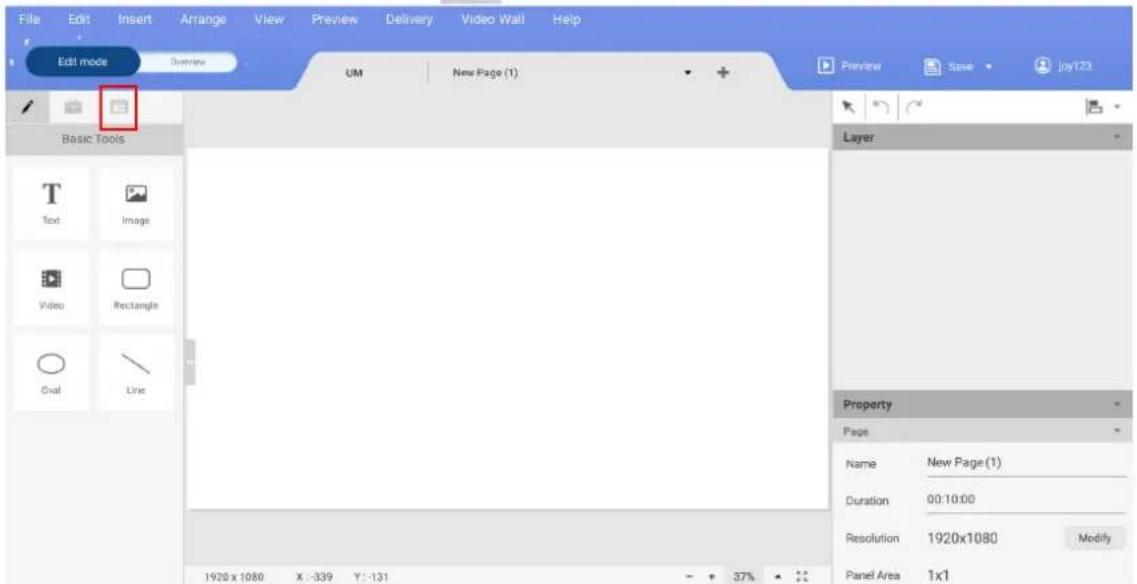 File Edit Insert Arrange View Preview Delivery Video Wall Help Edit mode Overview UM New Page (1) Preview Save Joy123 Basic Tools Text Image Video Rectangle Oval Line Layer Property Page Name New Page(1) Duration 00:10:00 Resolution 1920x1080 Modify Panel Area 1x1 1920 x 1080 X : -339 Y : -131 - + 37%