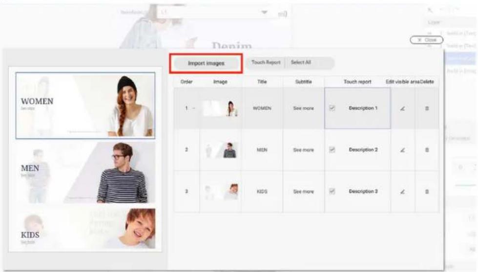 Import images Touch Report Select All Order Image Title Subtitle Touch report Edit visible areaDelete 1 - WOMEN See more Description 1 2 MEN See more Description 2 3 KIDS See more Description 3 KIDS