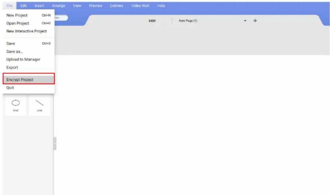 File Edit Insert Arrange View Preview Delivery Video Wall Help New Project Ctrl+N Open Project Ctrl+O New Interactive Project Save Ctrl+S Save as... Upload to Manager Export Encrypt Project Quit Over Line