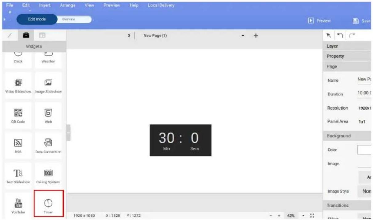 File Edit Insert Arrange View Preview Help Local Delivery Edit mode Overview Preview Save Widgets Clock Weather Video Slideshow Image Slideshow QR Code Web RSS Data Connection Text Slideshow Calling System You YouTube Timer 30 : 0 Min Secs 1920 x 1080 X: 1528 Y: 1272 Layer Property Page Name New Pi Duration 10.00.0 Resolution 1920x1 Panel Area 1x1 Background Color Image Transitions Effect