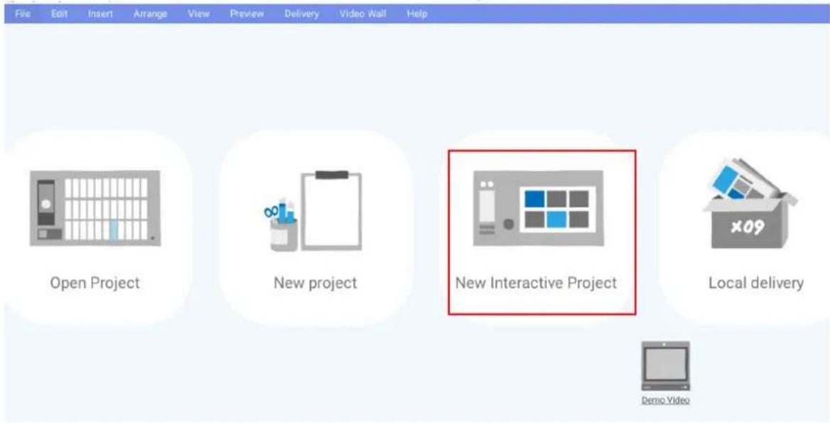 File Edit Insert Arrange View Preview Delivery Video Wall Help Open Project New project New Interactive Project Local delivery Demo Video