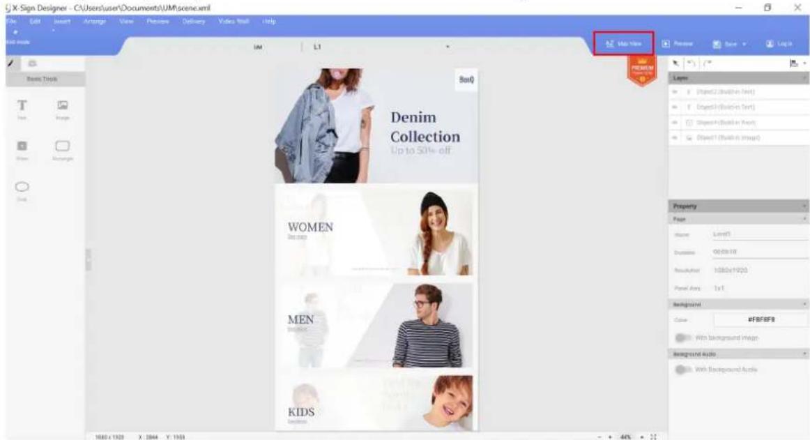 X-Sign Designer - C:\Users\user\Documents\UM\scene.xml File Edit Insert Arrange View Preview Delivery Video Wall Help Last inside U4 L1 Mid View Preview Layer Object2 (Build-in Text) Object3 (Build-in Text) Object4 (Build-in Text) Object5 (Build-in Image) Denim Collection Up to 50% off WOMEN MEN KIDS Property Page Name: Lenet1 Dimensions: 00 GB 18 Resolution: 1000x1000 Panel Area: 1x1 Background Color: #FB#B# With background image Background Audio: With Background Audio 1080 x 1920 X 1944 Y 1963