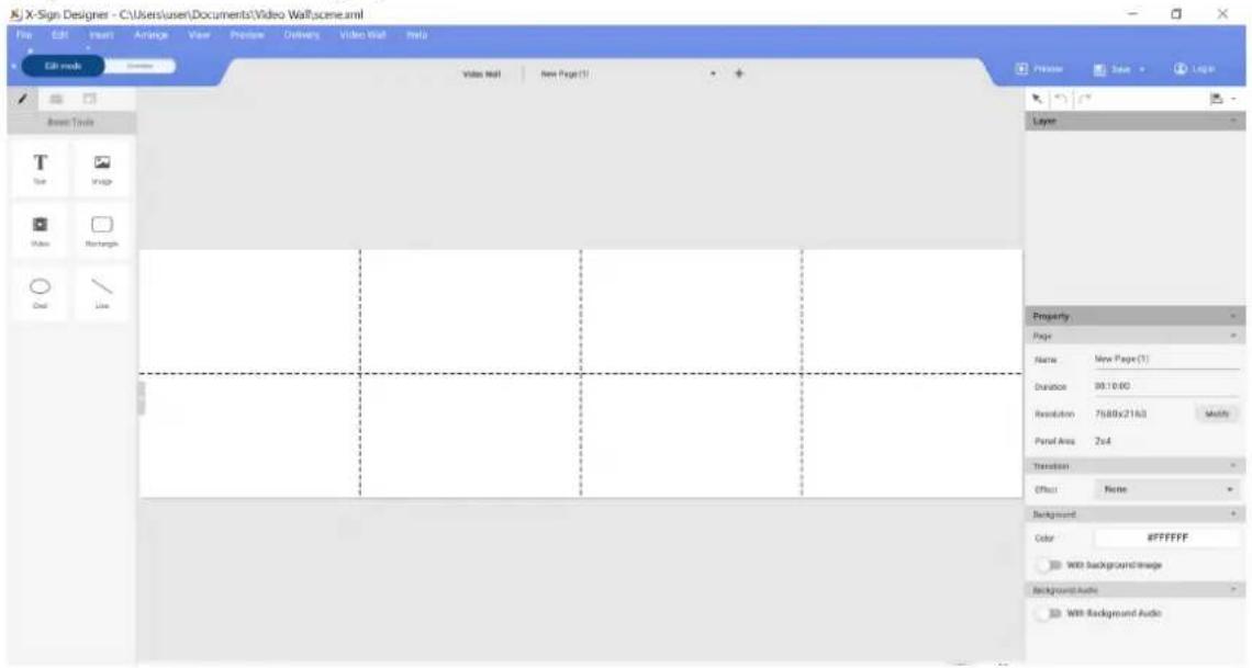 X-Sign Designer - C:\Users\user\Documents\Video Wall\scene.xml File Edit View Arrange View Prepare Delivery Video Wall Help Edit mode New Page (1) Vitex Wall New Page (1) Layer T Tue Image Vitex Recharge Out Line Property Page Name New Page (1) Duration 98:10:00 Resolution 75.88x2163 Modify Panel Area 2x4 Transition Offset None Background Color $FFFFFF With background image Background Audio With Background Audio