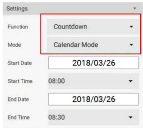 Settings Function Countdown Mode Calendar Mode Start Date 2018/03/26 Start Time 08:00 End Date 2018/03/26 End Time 08:30