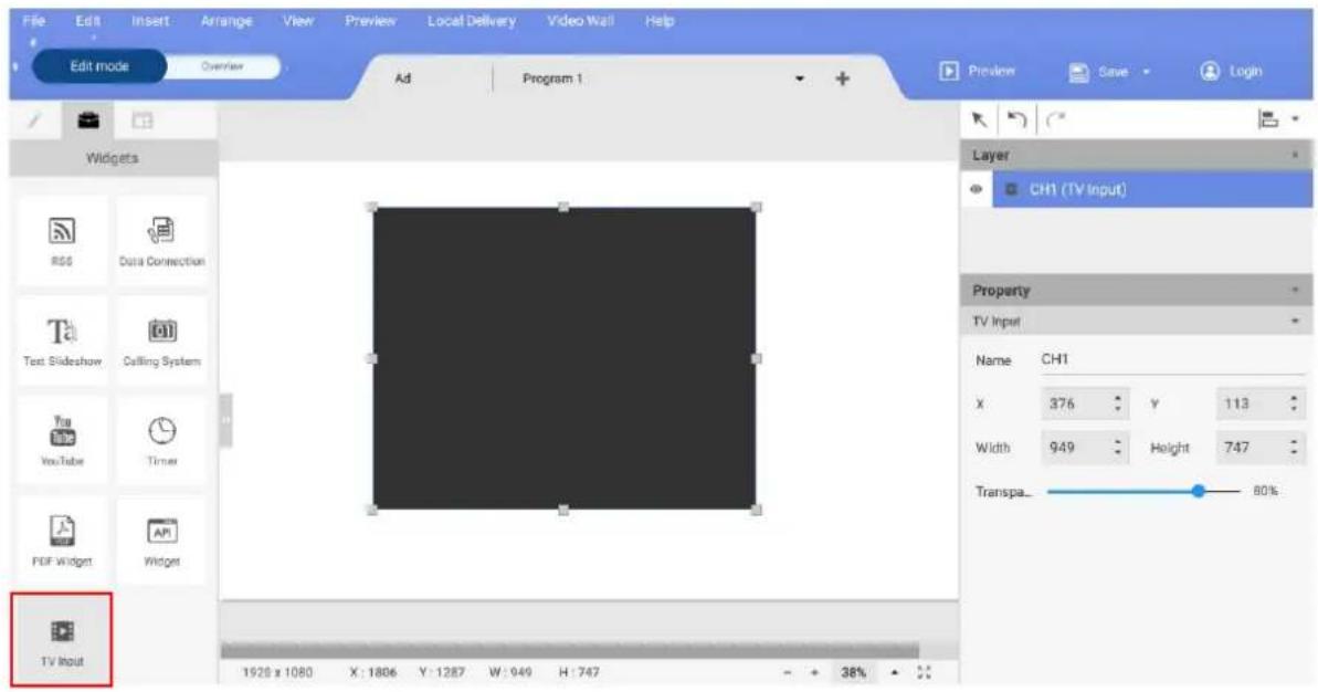 File Edit Insert Arrange View Preview Local Delivery Video Wall Help Edit mode Overview Ad Program 1 Preview Save Login Widgets RSS Data Connection Text Slideshow Ceiling System YouTube Timer PDF Widget Widget TV Input 1928 x 1080 X: 1806 Y: 1287 W: 949 H: 747 Layer CH1 (TV Input) Property TV Input Name CH1 X 376 Y 113 Width 949 Height 747 Transpa_ 80%