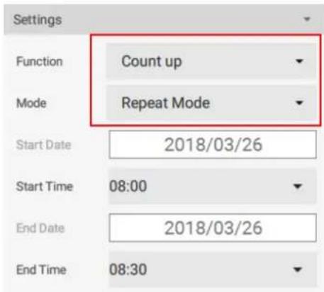 Settings Function Count up Mode Repeat Mode Start Date 2018/03/26 Start Time 08:00 End Date 2018/03/26 End Time 08:30