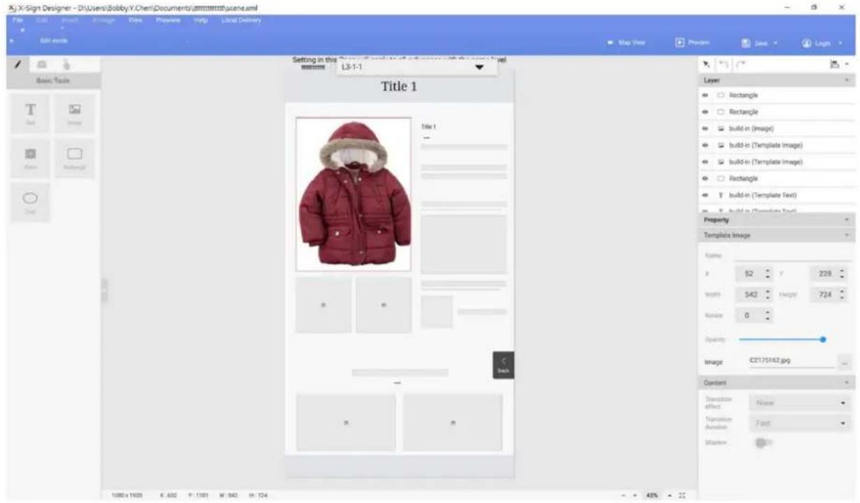 X-Sign Designer - D:\Users\Bobby\Y.Cheni\Documents\j\ttttttttt\scene.xml File Edit View Insert View Preview Help Local Delivery Edit mode Setting in this L3-1-1 Title 1 Title 1 Layer Rectangle Rectangle build-in (Image) build-in (Template Image) build-in (Template Image) Rectangle T build-in (Template Text) Build-in (Template Text) Property Template Image Name X 52 Y 228 Width 542 W 724 Name 0 Opacity Image €2175162.jpg Content Transaction effect None Translation Direction Fast Shadow