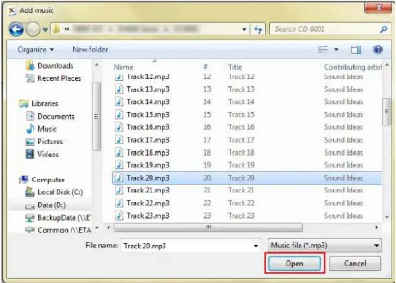 Add music Organize New folder Downloads Recent Places Libraries Documents Music Pictures Videos Computer Local Disk (C:) Data (D:) BackupData (\E" Common (\ETA) Name # Title Contributing artist Track12.mp3 12 Track 12 Sound Ideas Track13.mp3 13 Track 13 Sound Ideas Track14.mp3 14 Track 14 Sound Ideas Track15.mp3 15 Track 15 Sound Ideas Track16.mp3 16 Track 16 Sound Ideas Track17.mp3 17 Track 17 Sound Ideas Track18.mp3 18 Track 18 Sound Ideas Track19.mp3 19 Track 19 Sound Ideas Track 20.mp3 20 Track 20 Sound Ideas Track 21.mp3 21 Track 21 Sound Ideas Track 22.mp3 22 Track 22 Sound Ideas Track 23.mp3 23 Track 23 Sound Ideas File name: Track 20.mp3 Music file (*.mp3) Open Cancel