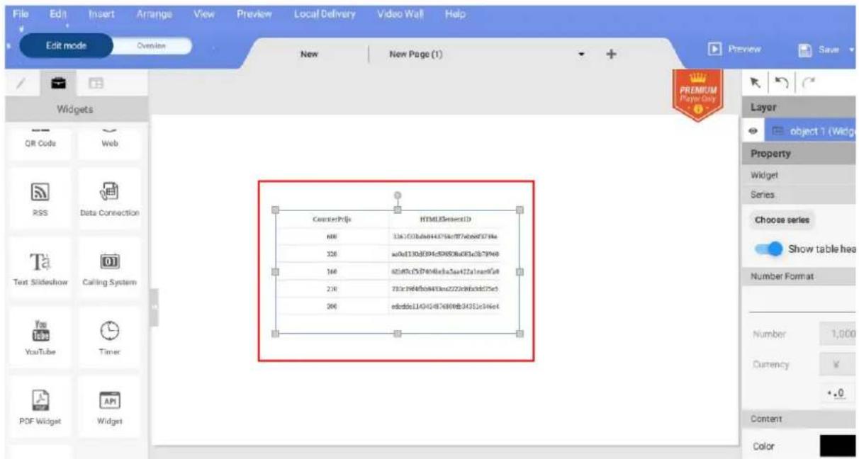 File Edit Insert Arrange View Preview Local Delivery Video Wall Help Edit mode Ovlen New New Page (1) Preview Save Widgets QR Code Web RSS Data Connection Text Slideshow Calling System YouTube Timer PDF Widget Widgets CounterPills HTMLU3SegmentID 600 13A:01B:04H:175k:077b:087279e 326 w0a130d394c50450a081c679960 160 42547c15749666a3aa4221aa9749 230 781c194f0b4433m2222c9fddd25e3 300 edcde611404874808b34351e346e4 Layer object 1 (Widget) Property Widget Series Choose series Show table hexa Number Format Number 1,000 Currency ¥ •.0 Content Color