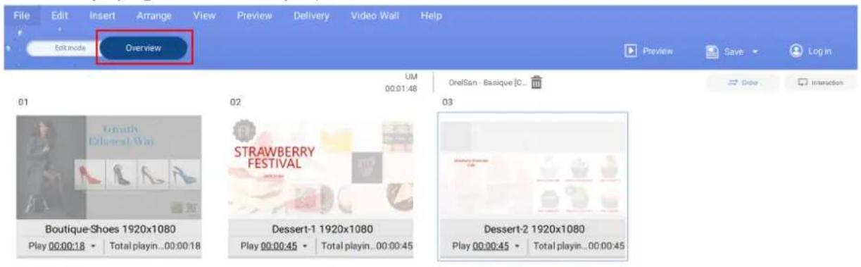 File Edit Insert Arrange View Preview Delivery Video Wall Help Edit mode Overview 01 Growth Delivered Way Boutique-Shoes 1920x1080 Play 00:00:18 Total playin...00:00:18 02 STRAWBERRY FESTIVAL Dessert-1 1920x1080 Play 00:00:45 Total playin...00:00:45 03 Dessert-2 1920x1080 Play 00:00:45 Total playin...00:00:45