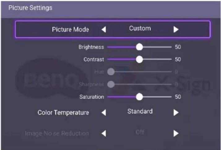 Picture Settings Picture Mode Custom Brightness 50 Contrast 50 Hue 0 Sharpness 0 Saturation 50 Color Temperature Standard Image Noise Reduction Off