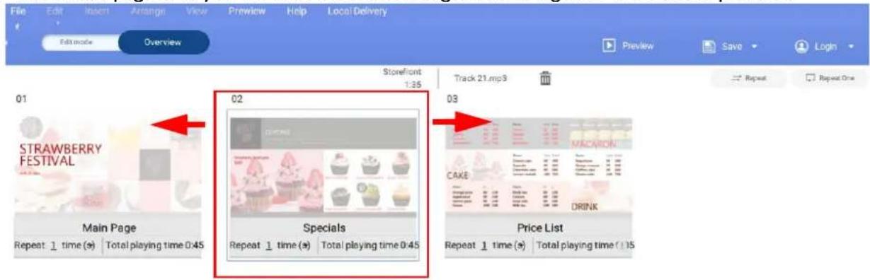 File Edit Insert Arrange View Preview Help Local Delivery Edit mode Overview Preview Save Login 01 STRAWBERRY FESTIVAL Storefront 1:35 Track 21.mp3 02 Main Page Repeat 1 time (s) Total playing time 0:45 Specials Repeat 1 time (s) Total playing time 0:45 03 MACARDON CAKE DRINK Price List Repeat 1 time (s) Total playing time 0:15