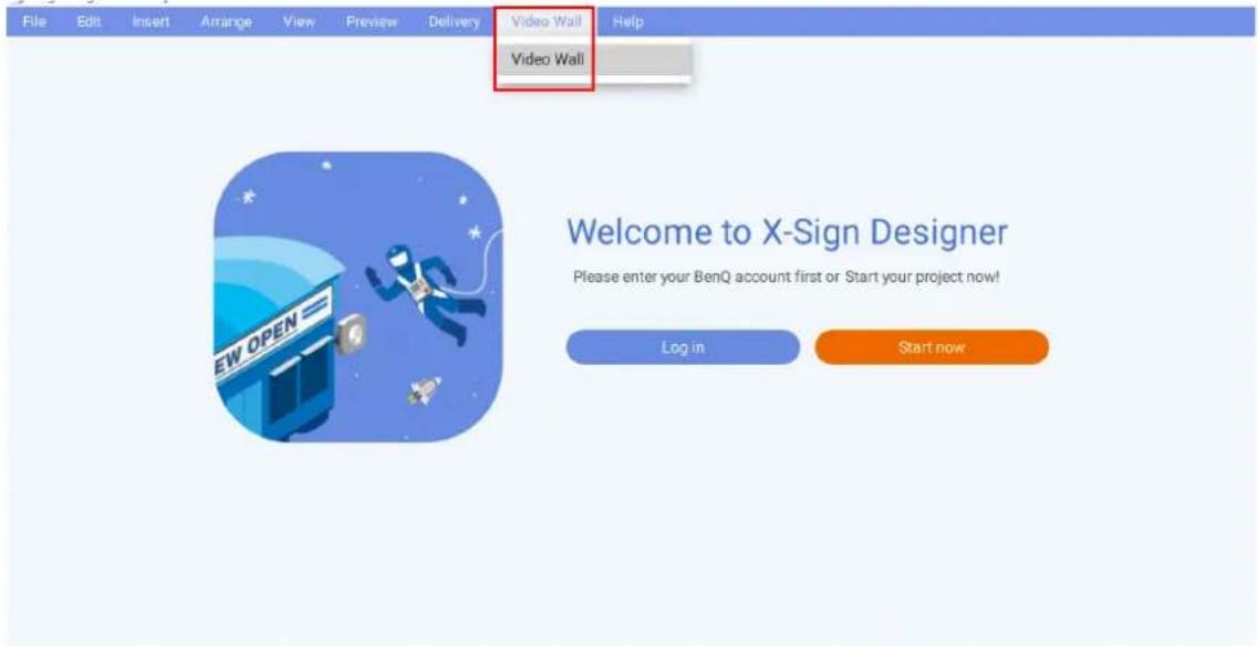 File Edit Insert Arrange View Preview Delivery Video Wall Help Video Wall Welcome to X-Sign Designer Please enter your BenQ account first or Start your project now! Log in Start now