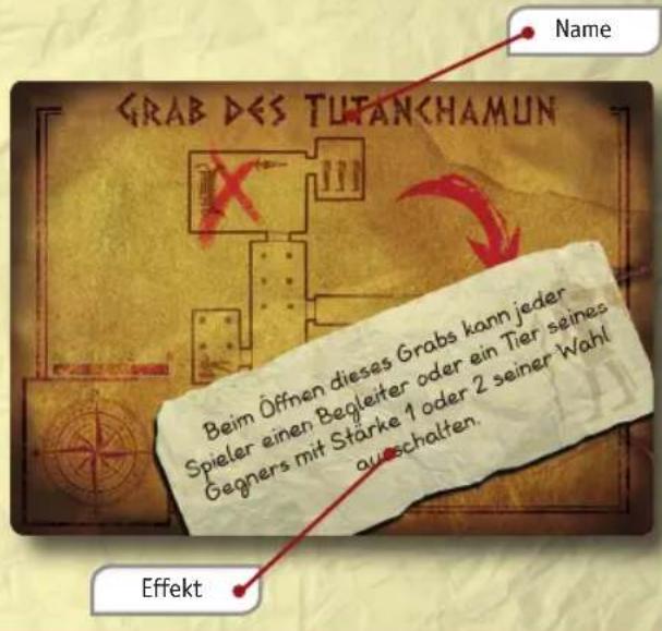 GRAB DES TUTANCHAMUN Name Beim Öffnen dieses Grabs kann jeder Spieler einen Begleiter oder ein Tier seines Gegners mit Stärke 1 oder 2 seiner Wahl auschalten. Effekt