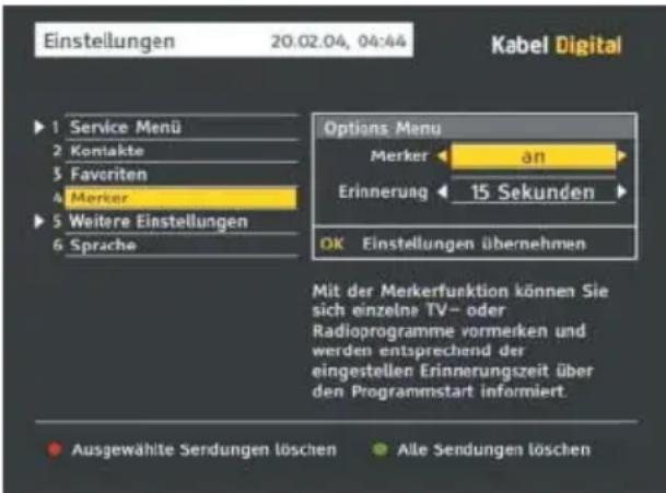 Pace Kabel Digital DC221 - Ändern der Merkeroptionen - 1