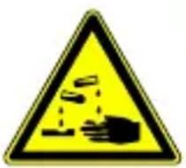 Yellow triangular warning sign with pictograms of falling objects and a hand holding a device, indicating hazard or hazard.