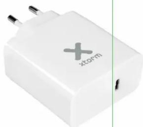 White portable electric plug with 'x storm' logo and power outlet, no visible text or symbols beyond the label