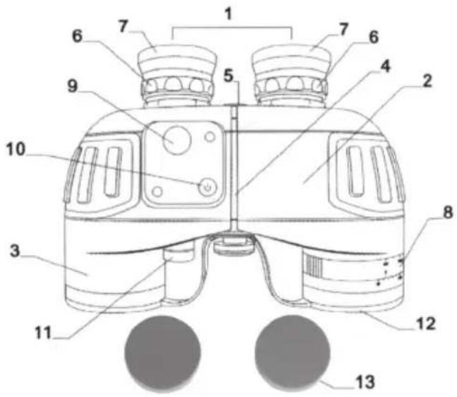 Technical diagram of a binoculars with numbered parts for identification and labeling