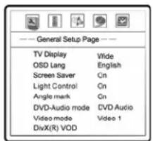 General Setup Page TV Display OSD Lang Screen Saver Light Control Angle mark DVD-Audio mode Video mode DivX(R) VOD